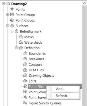 4 För att lägga till punktdata från en koordinatfil till modellen: I Toolspace, expandera Surfaces >