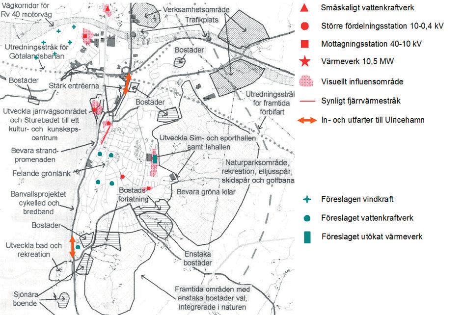 Figur 15. Minalternativet t fö r energisystemet i centrala Ulricehamn. I kartan är förslag från ÖP redovisade.