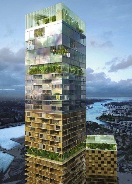 Förslaget beskriver att de höga husen landar i en stor volym i tre våningar som bildar ett helt kvarter. Den galleria som föreslås innehåller restauranger, handel, bostadsservice och spelarkad.