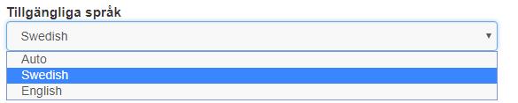 Det går att välja mellan Svenska eller Engelska som språk. Auto ger webbläsarens språk.