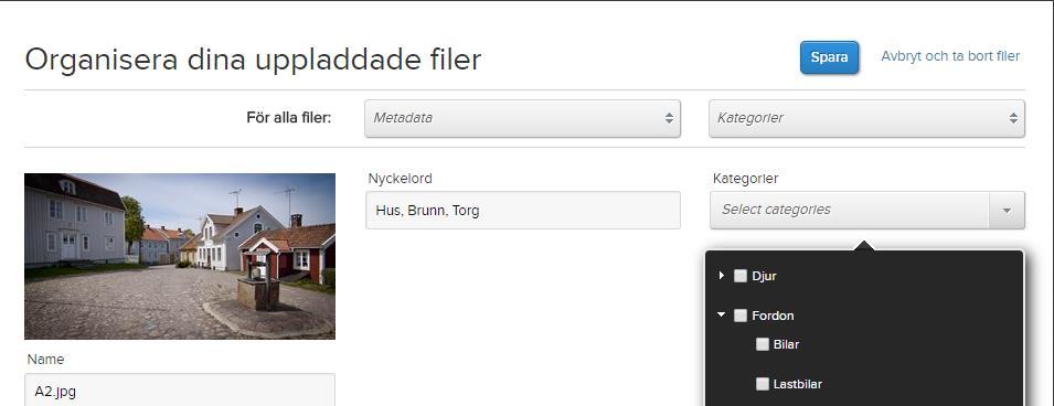 4.2. Organisera filer Tryck Organisera uppladdade filer... för att märka filerna med rätt kategori och metadata.