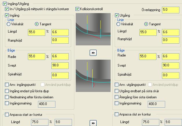 Konturbearbetning 7 I vår konturbearbetning väljer vi följande standard värden på mjuk ingång mot detaljen.