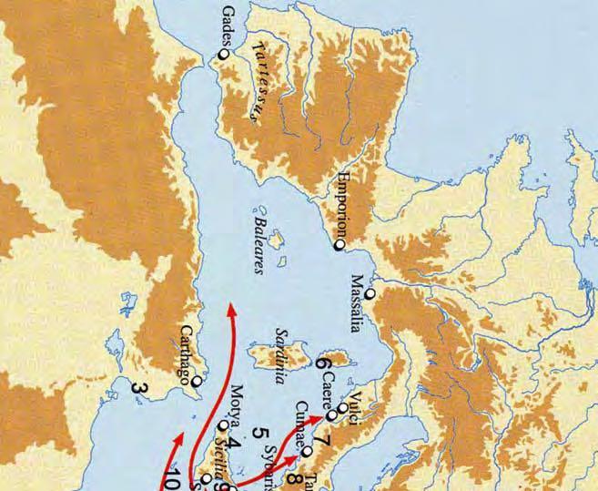 De röda linjerna visar gamla handelsrutter som fenicierna använde och som kanske delvis var kända också i den mykenska världen. 1. Troja 2. Ismaros 3.