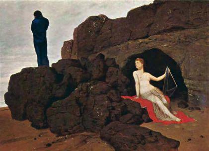 Odysseus och Kalypso på en målning av Arnold Böcklin, 1883. Odysseus fortsatta vistelse på fajakernas ö. Nausikaa tog honom till sin far, kung Alkinoos, och mor, drottning Arete.