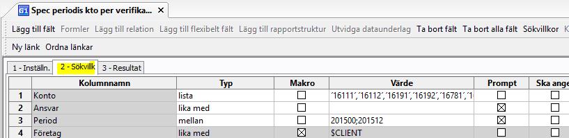 För att få fram de verifikationer som ska kopieras och bifogas till specifikationen, gå till AGRESSO Ekonomi/Huvudbok/Fråga/Fråga verifikation/spec periodis kto per verifikation.