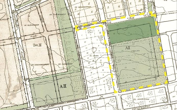 Stadsplan från 1939 (12-KÄK-184) med kvarvarande gällande detaljplan (rött område) I stadsplan från 1939 var aktuell yta planlagd som område för kyrkligt- och begravningsändamål.