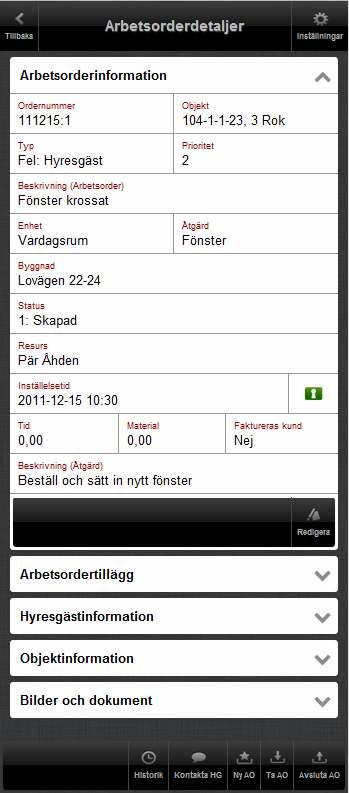 Arbetsorderinformation I denna panel presenteras detaljer kring den specifika arbetsordern och