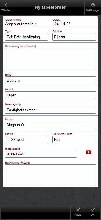 Ny arbetsorder Skapa en ny arbetsorder genom att fylla i uppgifterna och klicka därefter på OK för att skapa/spara