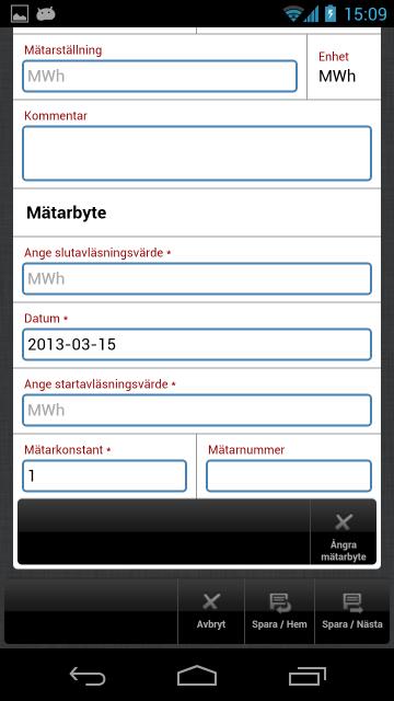 Användaren får skriva in slutavläsningsvärde, datum, startavläsningsvärde och mätarkonstant. Dessa fält är markerade med en stjärna och är obligatoriska för att utföra ett mätarbyte.