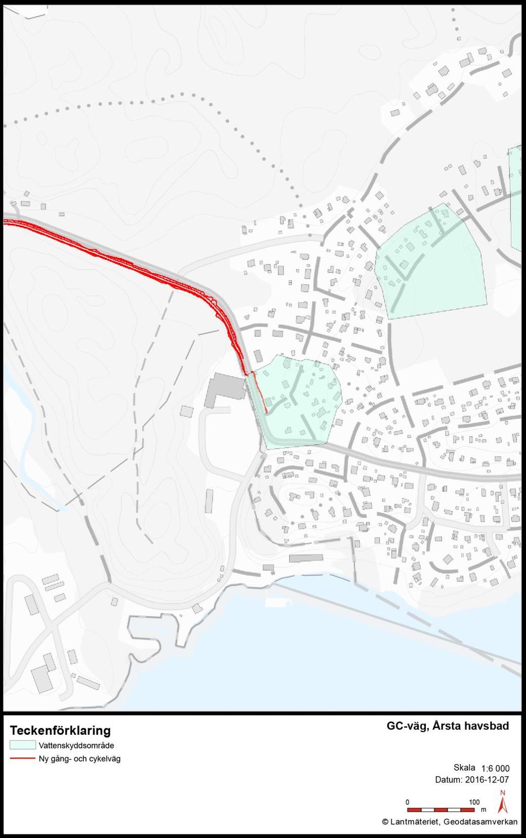 Figur 6. Vattenskyddsområde inne i Årsta havsbad. 3.5.3. Markmiljö I Länsstyrelsens digitala planeringsunderlag rörande förorenade områden finns en f.d. skjutbana noterad strax väster om trafikplats Fors.