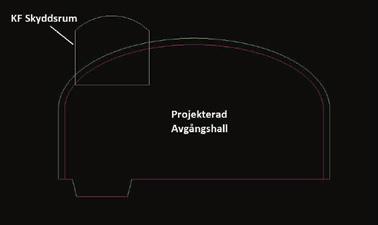 BERGDAGARNA 2018 Figur 5. Sektion som visar hur den nyprojekterade avgångshallen delvis går genom ett övergivet skyddsrum.