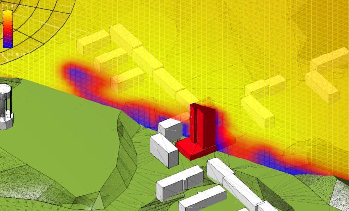 Norra huset: Topografimodellen i underlaget var något beskuren, men föreslagen plats uppvisar högst måttlig utgångssituation gällande vindar.