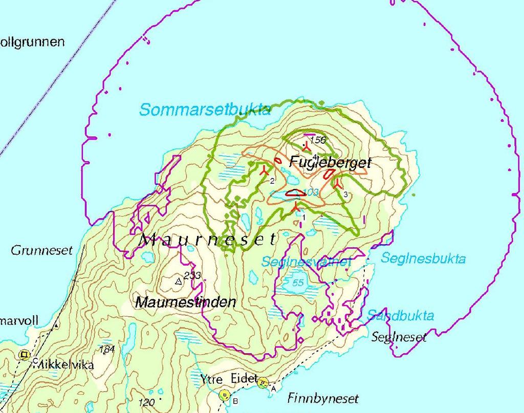 rotordiameter 82 m. Den yttre, lila, linjen motsvarar 0 timmar/ år med roterande skuggor. Den gröna linjen motsvarar 8 timmar/år med roterande skuggor.