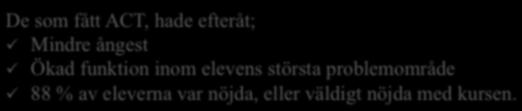 230 gymnasielever i Uppsala Resultat två år efter ACT behandling (9 timmar i helklass) Ångest & stress 7.5 7 ACT-träning i skolklass 115 elever Kontrollgrupp 115 elever 6.5 6 5.