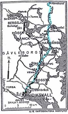 Figur 4. Den svarta sträckningen visar Norra Hälsinglands Järnväg och den ljusblå Ostkustbanans dragning. Karta från Svenska Järnvägsföreningen 1876 1926. RESULTAT Figur 5.