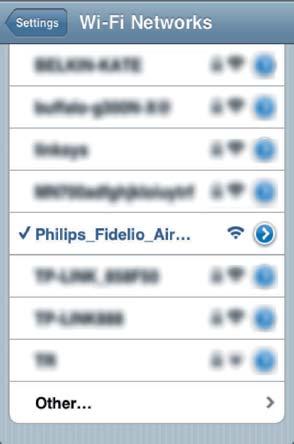 Philips Fidelio AirPlay Alternativ 1: Använd ipod touch/iphone/ipad 1 Välj Settings (Inställningar) -> Wi-Fi på din ipod touch/iphone/ipad.