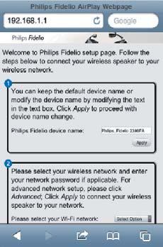 Om du använder Safari på din Wi-Fi-aktiverade PC/Mac kan du även välja Philips_Fidelio XXX från listrutan Bonjour och ange 1 Klicka