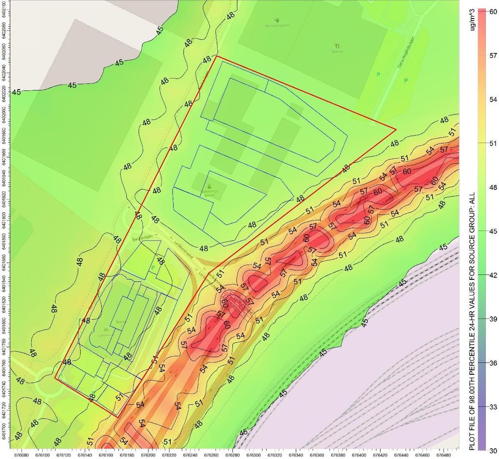 Figur 8. Framtida scenario 2020, beräknade halter av kvävedioxid som dygnsmedelvärden (98 percentil). Planområdet markeras med röd linje.
