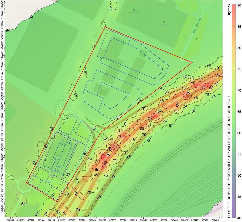 4.1.4 NO 2 Timmedelvärden Figur 10. Nuvarande situation 2016, beräknade halter av kvävedioxid som timmedelvärden (98 percentil). Planområdet markeras med röd linje.