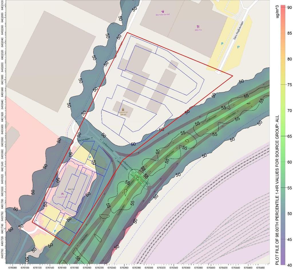 Figur 12. Framtida scenario 2035, beräknade halter av kvävedioxid som timmedelvärden (98 percentil). Planområdet markeras med röd linje.