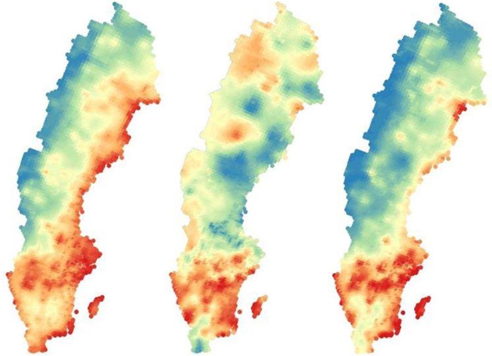 Figur 2. Antal soltimmar i Sverige under ett år som medelvärde för perioden 2007-2015 (vänster), under 2015 (höger), och som ett mått på hur mycket 2015 skilde sig från ett normalår (mitten).