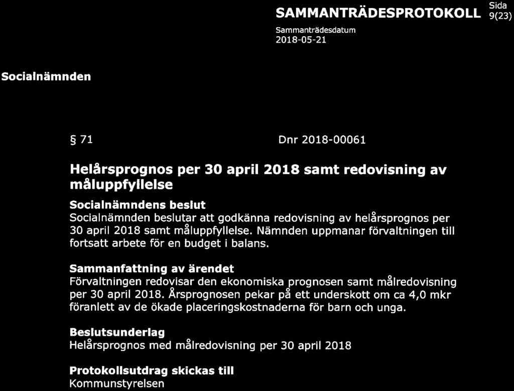 KAUX KOMMUN 9(23) 71 Dnr 2018-00061 Helårprogno per 30 april 2018 amt redovining av måluppfyllele belut belutar att godkänna redovining av helårprogno per 30 april 2018 amt måluppfyllele.