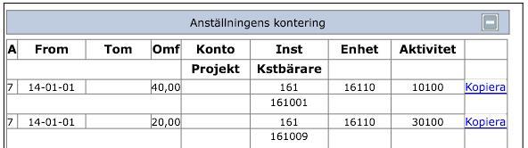 II. Första gången du lägger in om utlägg behöver du göra ett moment extra i det blågrå fältet Anställningens kontering.