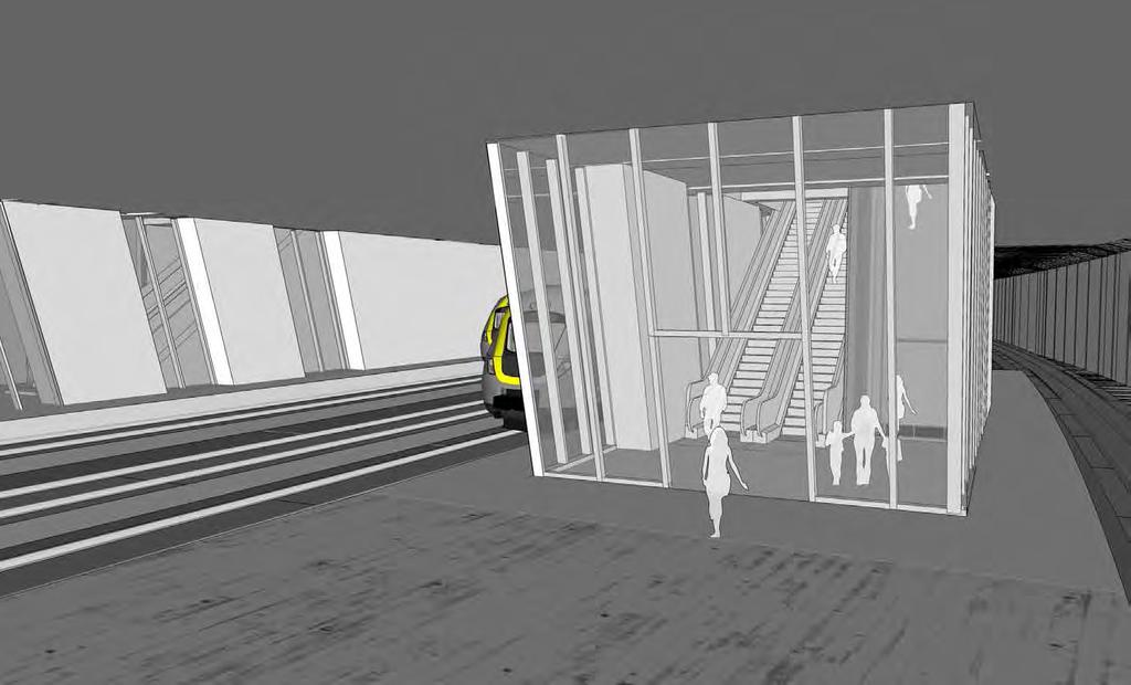 Betongtunnel Bergtunnel Service- och räddningstunnelmynning Service- och räddningstunnel Betong- och bergtunnel Skala :000 cm = 0m Söder om det nya stationsområdet går järnvägen i en cirka 00 meter