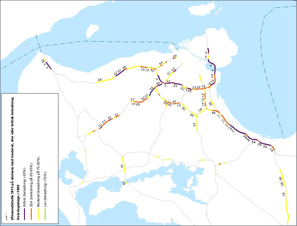 Bilag 3: Øresundskrydsende trafik på vejnet, der i hhv 2015 og 2030 oplever moderat eller