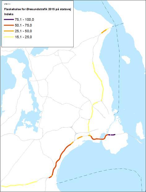 2015 2030 Figur 2: Flaskehalse på statsveje for vejtrafik, der krydser Øresund (Indeks: maks.