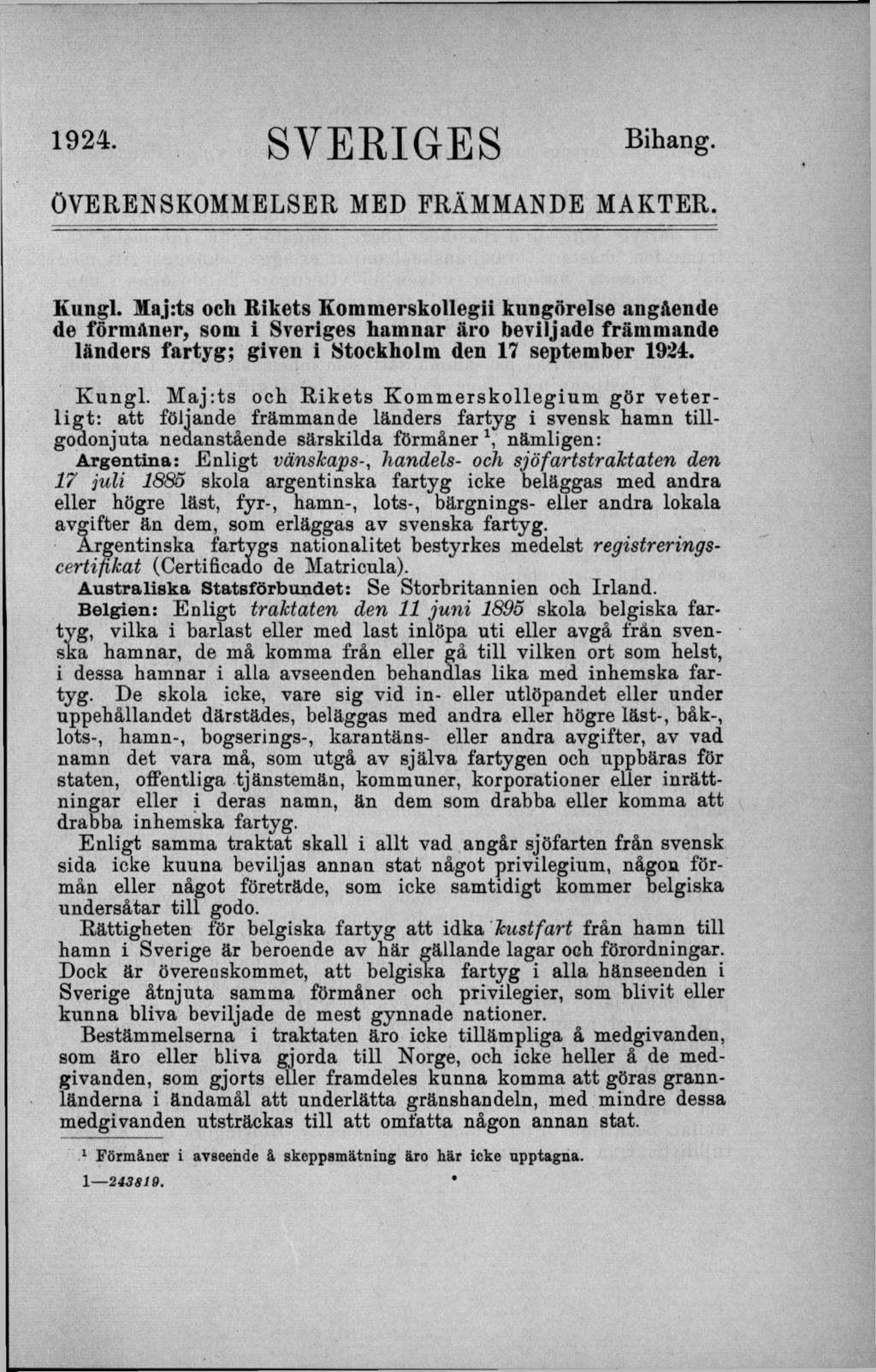 1924. SVERIGES Bihang. ÖVERENSKOMMELSER MED FRÄMMANDE MAKTER. Kungl.