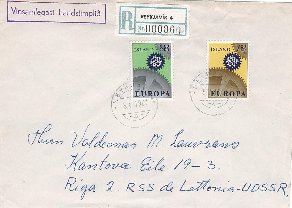 Reykjavík 4 type B8e dated 5.V.1967. Sent to Riga, the capital of the Russian Soviet Republic of Latvia. RIGA receiving cancel 12.5.67 in two languages.