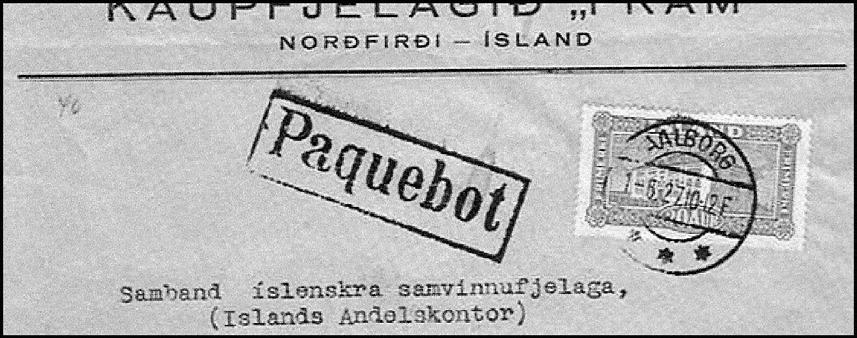 PAQUEBOT stämpel, se Figur 11 Fig 11 FRA AALBORG denna stämpel som slogs i Köpenhamn är känd på Chr.X 3aur. Ordinarie poststämplar: Brostämplar: 1915 på 6aur två kungar, och fram till 1927.