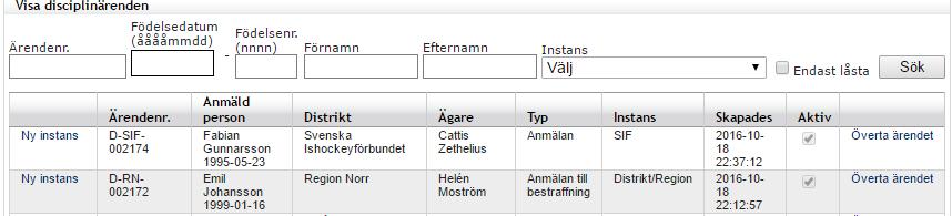 2 Administratörer 2.1 Åta nytt ärende 1. Gå till menypunkten Disciplinärende sedan Visa. 2. I listan visas ärenden som matchar sökkriterierna och som är bekräftade av domare.