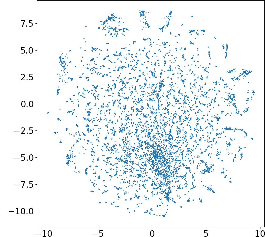 Figur 10. De 8000 första orden i Fasttext-vokabuläret visualiserade med t-sne på ett 2Dplan.