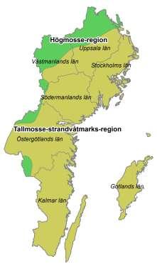Arealen öppen myr för respektive län är enligt följande: Gotlands län (länsbokstav I) ca 6 600 ha, Kalmar län (H) ca 15 100 ha, Stockholms län (AB) ca 5 800 ha, Södermanlands län (D) ca 10 200 ha,
