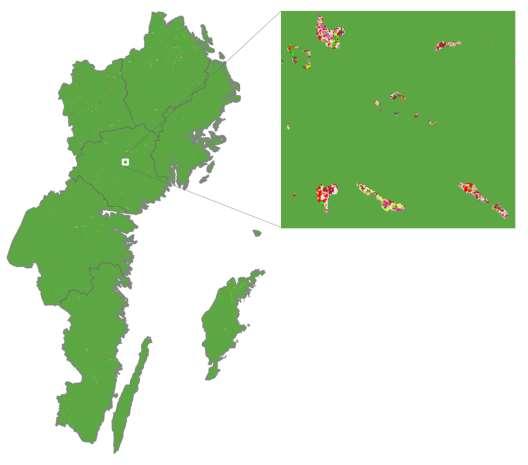 Figur 23. En översiktsbild över basklassningen för hela undersökningsområdet, samt ett exempel på hur basklassningen kan se ut för ett ca 30 km² stort område.