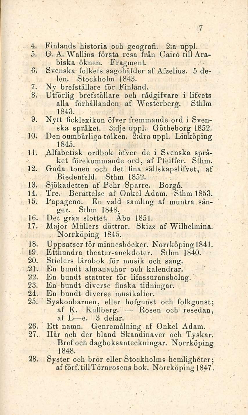 4. Finlands historia och geografi. 2:a uppl. 5. G. A. Wallins första resa från Cairo tillarabiska öknen. Fragmeht. 6. Svenska folkets sagohäfder af Afzelius. 5 delen. Stockholm 1843.