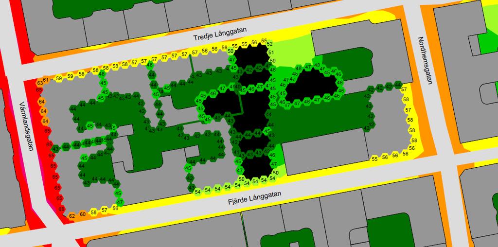 Figur 2. Beräknade ekvivalenta ljudnivåer. Planerade hus visas med svart färg.