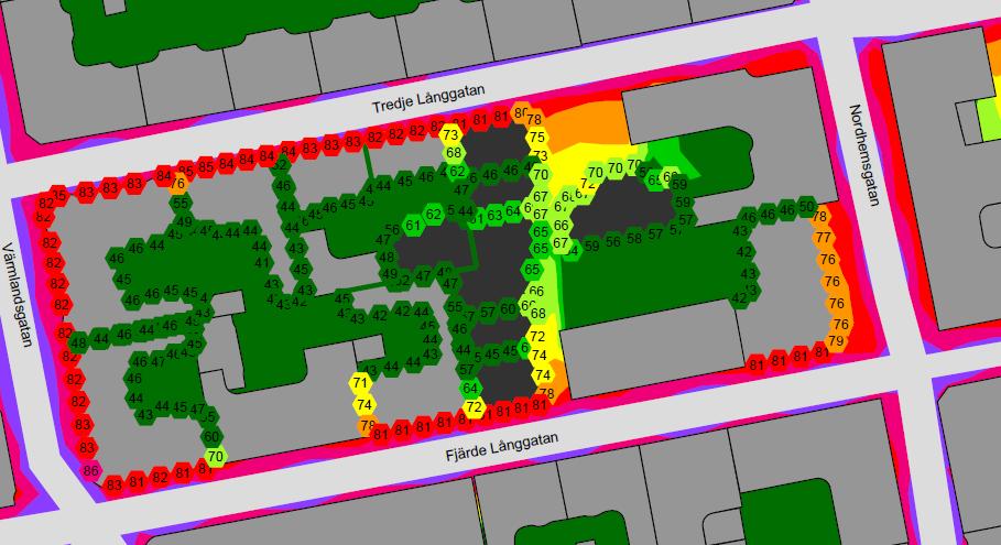 Vid övriga fasader beräknas huvudsakligen ljudnivåer <70 dba. Se figur 3.