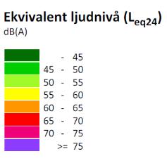 Figur 3. Beräknade maximala ljudnivåer för vägtrafik. Planerade hus visas med svart färg.