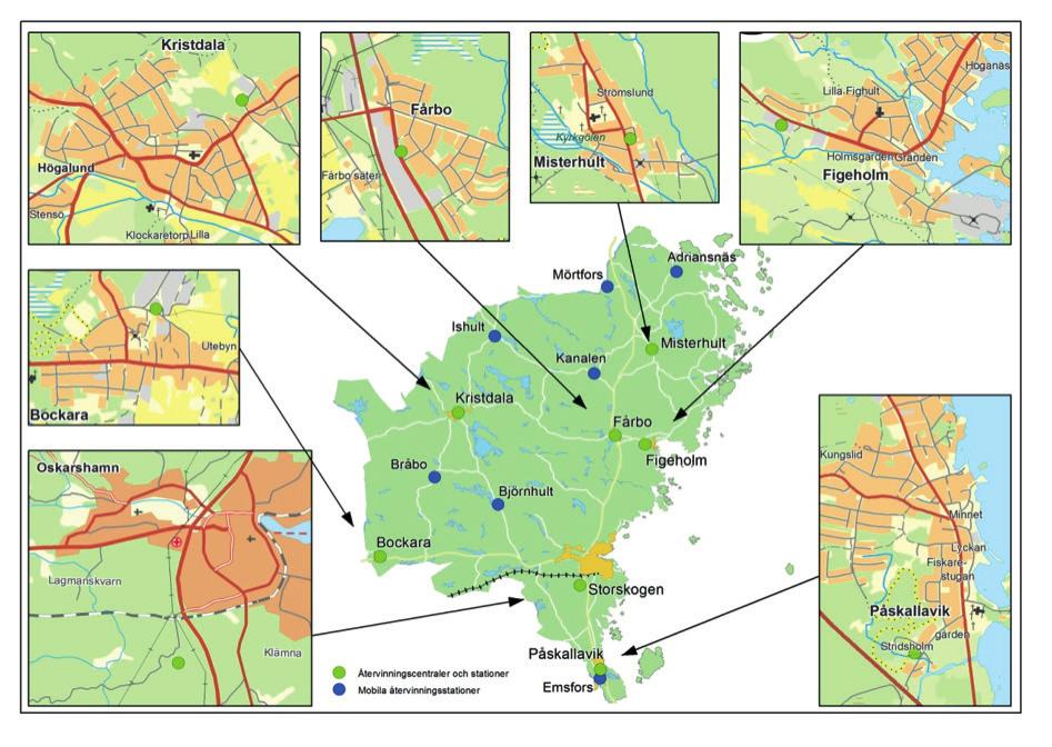 Figur 10 Karta över lokaliseringen av återvinningscentraler inom Oskarshamn kommun.