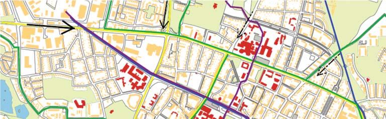 6 Figur 2-4 Tillfartsvägar och rörelsemönster. De svarta pilarna visar var biltrafiken leds in, storleken på pilarna indikerar infartsvägens betydelse.