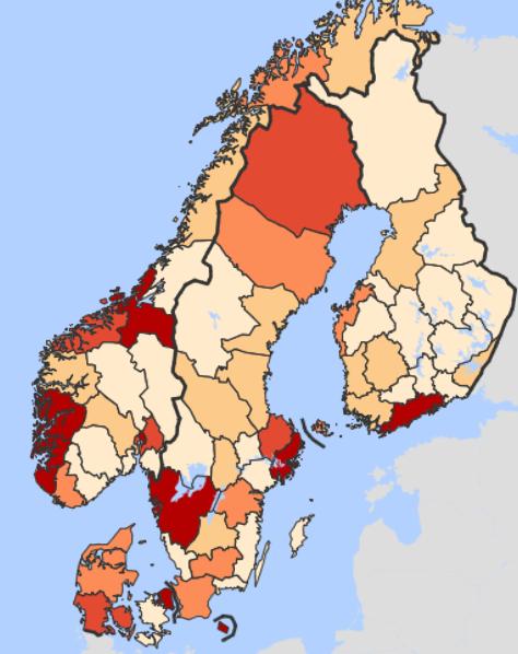 Ekonomisk potential 2018. Ju mörkare färg desto högre potential.