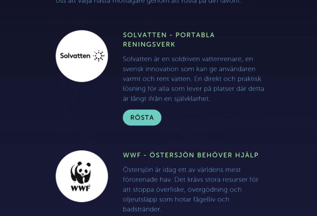 En god gärning Varje år röstas ett projekt eller en miljöorganisation fram av användarna. Ge bort det ni sparar!