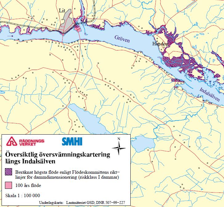 Bild 2. Översvämningskartering Indalsälven, Räddningsverket, 2003. Reglerföretagen tillhandahar med hjälp av WSP en uppdaterad flödesmodell i programmet HECRas över Indalsälven.