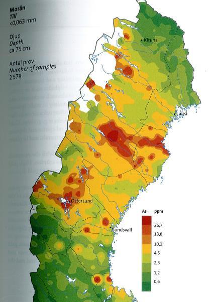 SGUs geokemiska atlas över området visar att arseniknivån i moräner i området ligger över 26 ppm, vilket motsvarar 26 mg/kg, se bild 5. Bild 5.