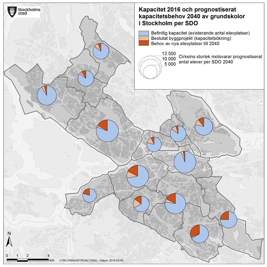 Sida 29 (98) Figur 4.17: Kapacitet år 2016 och prognostiserat kapacitetsbehov år 2040 av grundskolor per stadsdelsnämndsområde.