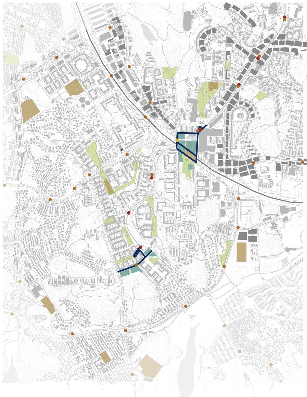 ILLUSTRATION AV TÄNKBAR BEBYGGELSE I STADSKVALITETSCENARIOT I kartan till höger har stadskvalitetscenariots struktur använts till grund för att illustrera tänkbar ny bebyggelse i Biskopsstaden.