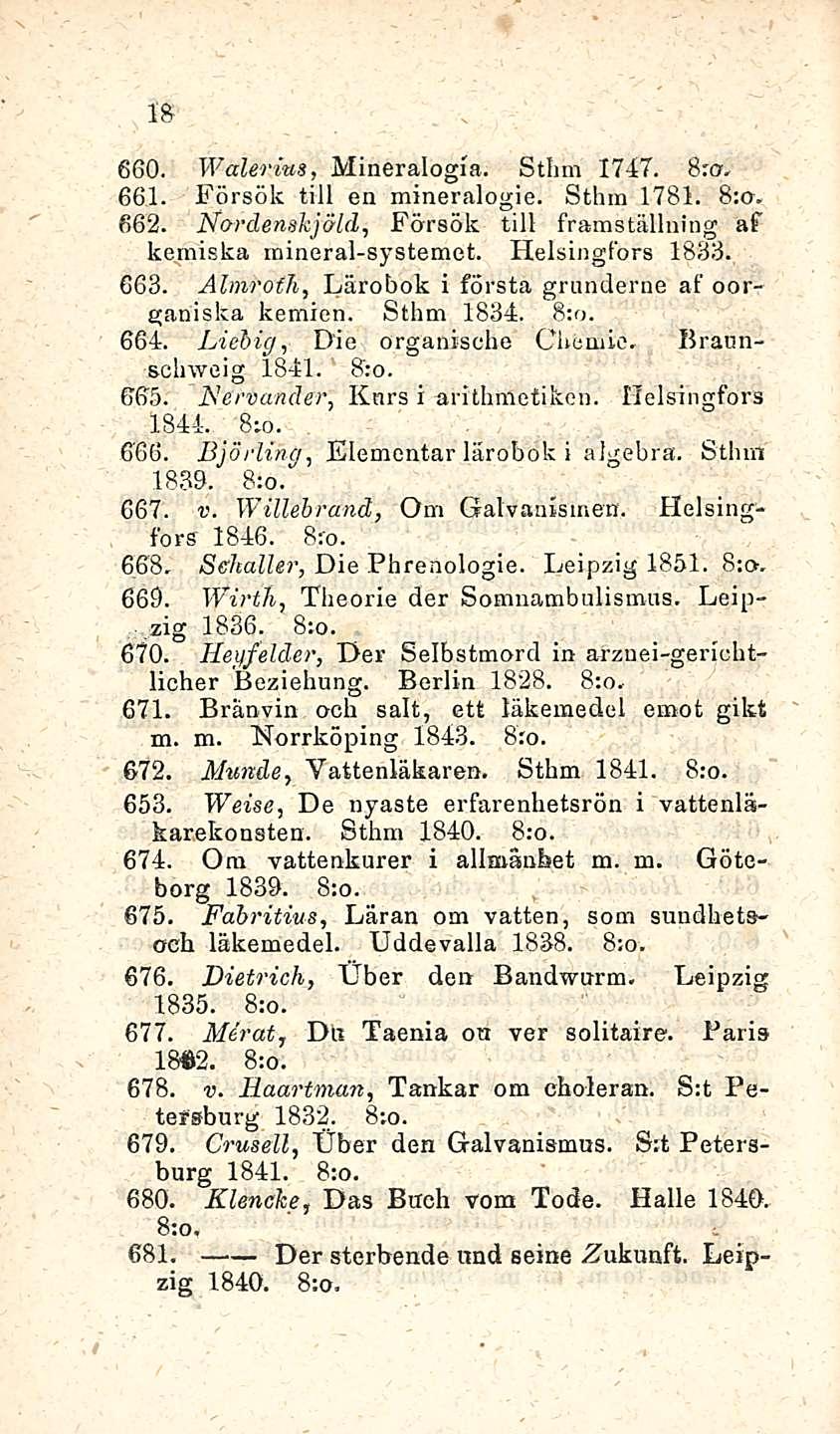 18 660. Walerms, Mineralogia. Sthm 1747. Sm. 661. Försök tili en mineralogie. Sthm 1781. 662. Nardenakjäld, Försök tili framställning af kemiska mineral-systemet. Helsingfors 1833. 663.